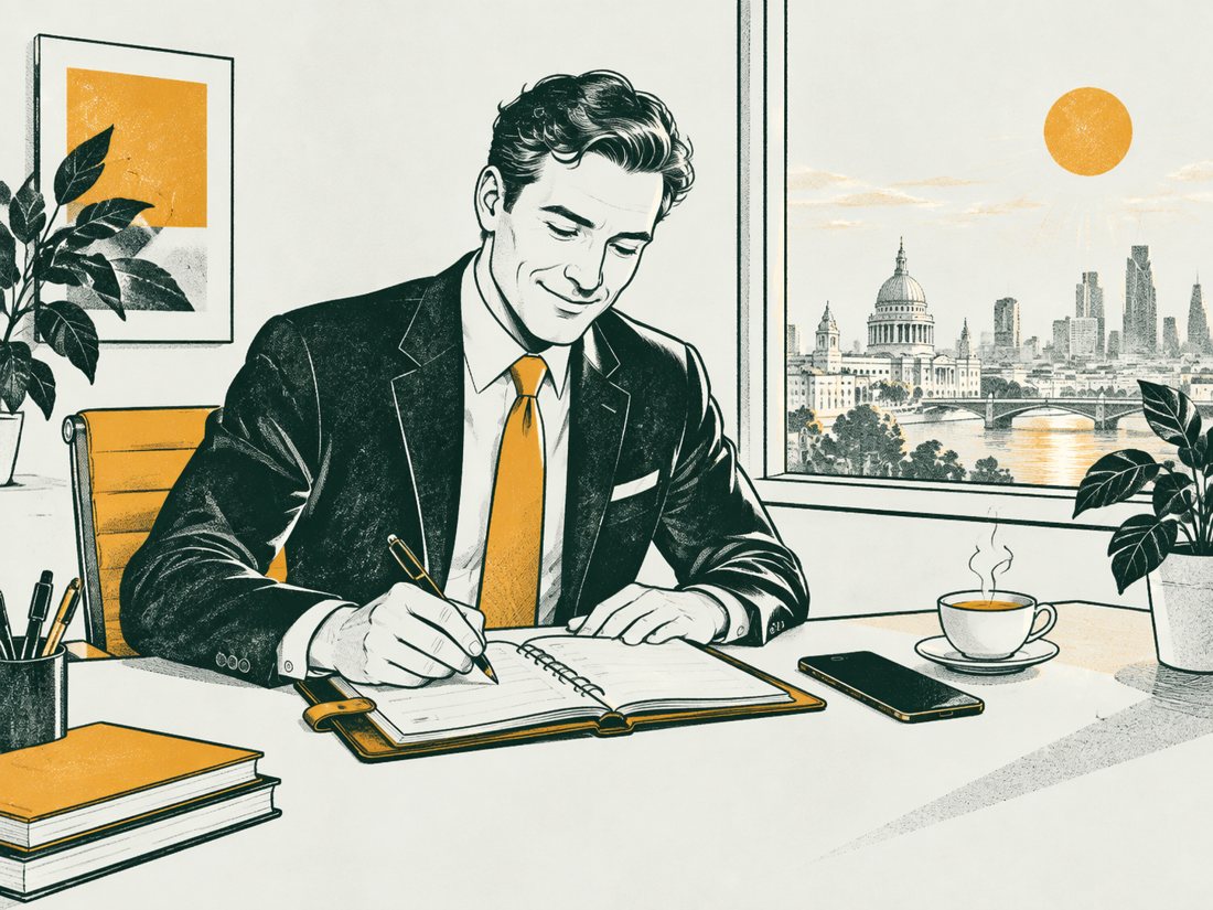Illustration of a broker writing an appointment into a paper diary at a desk by a window