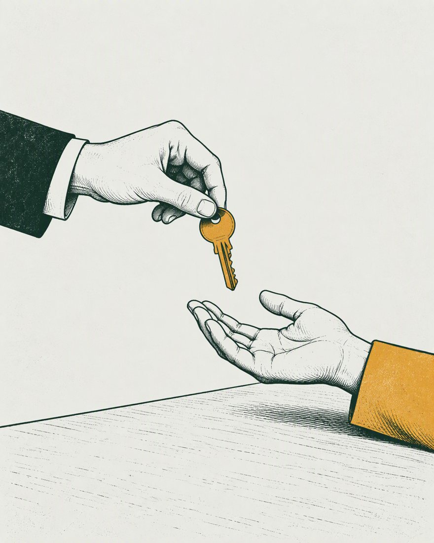 Illustration of one hand passing a single brass key to another