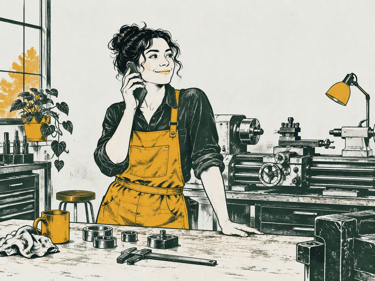 Illustration of a workshop owner on the phone at her bench, a lathe behind her