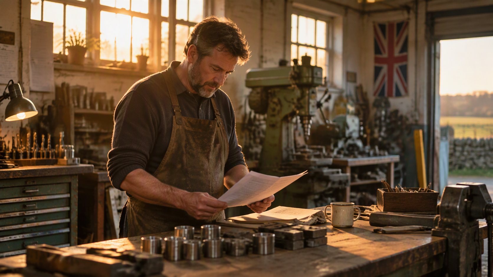 A workshop owner reading paperwork at a bench in late afternoon light